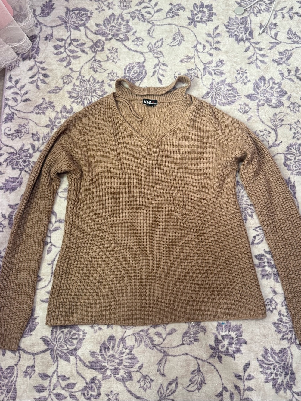 Chesley Camel Brown V-Neck Ribbed Sweater
